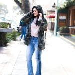 Debbie Savage | Fashion and Lifestyle Blog | TOBI Camo Jacket, Ruffled Sweatshirt, and Cropped Jeans