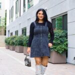 Denim Mini Pinafore Dress and Silver Slouch Heeled Boots